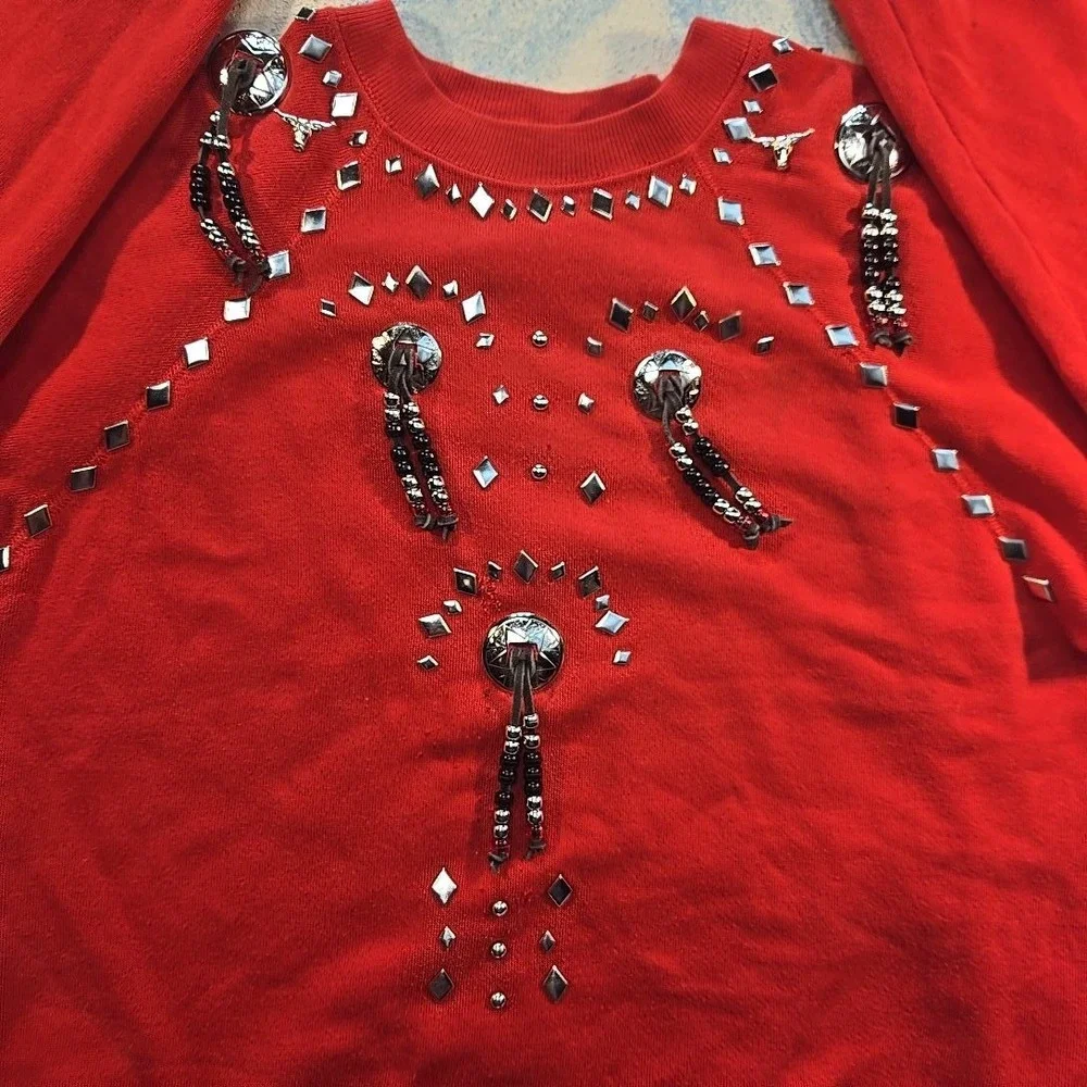 VTG Western Crewneck Red‎ Beaded Sweatshirt Longhorn Concho Studded USA 80s Sz M